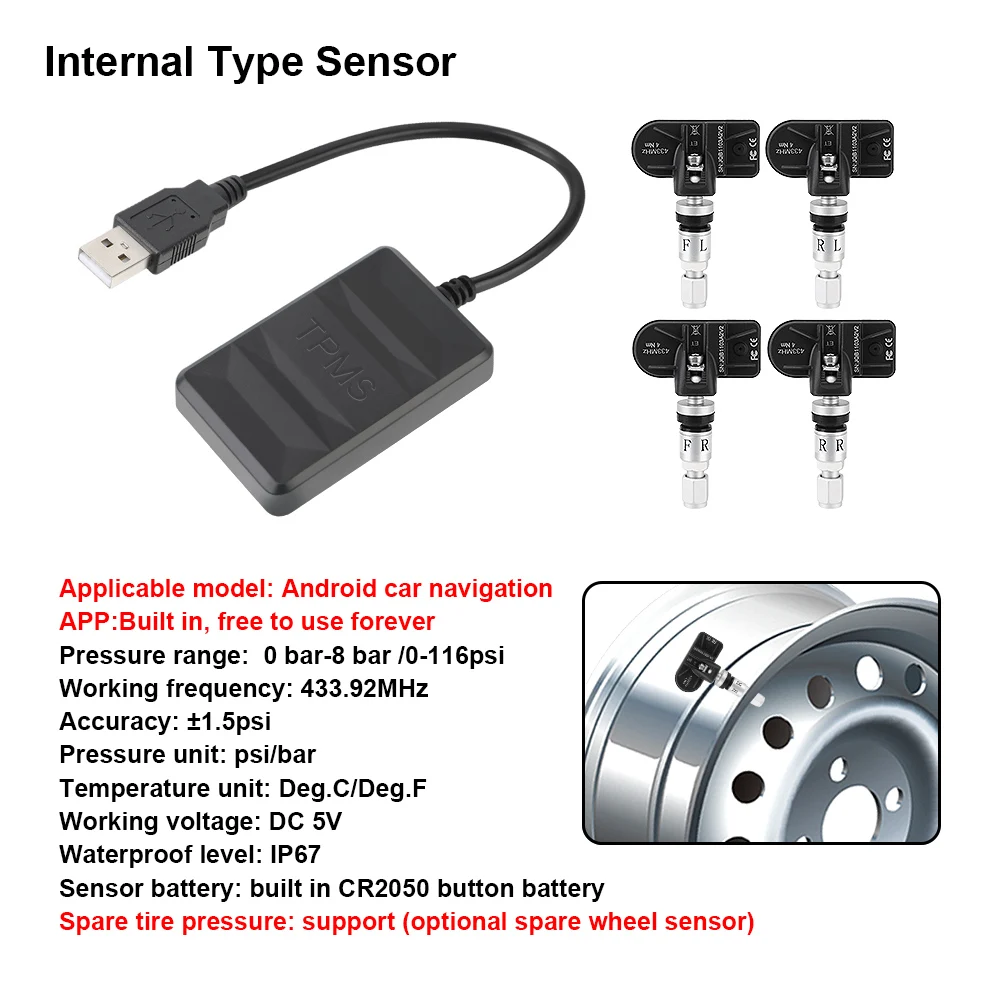 Tire Pressure Monitoring System Spare Tyre Internal External Sensor Temperature Alarm Android TPMS