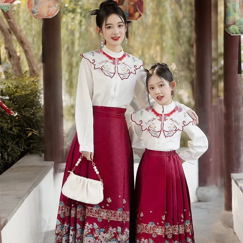 명나라 여성 우븐 한푸 원피스 세트, 중국 전통 의상, 소녀 말 얼굴 치마, 댄스복, 가족 코스프레 의류