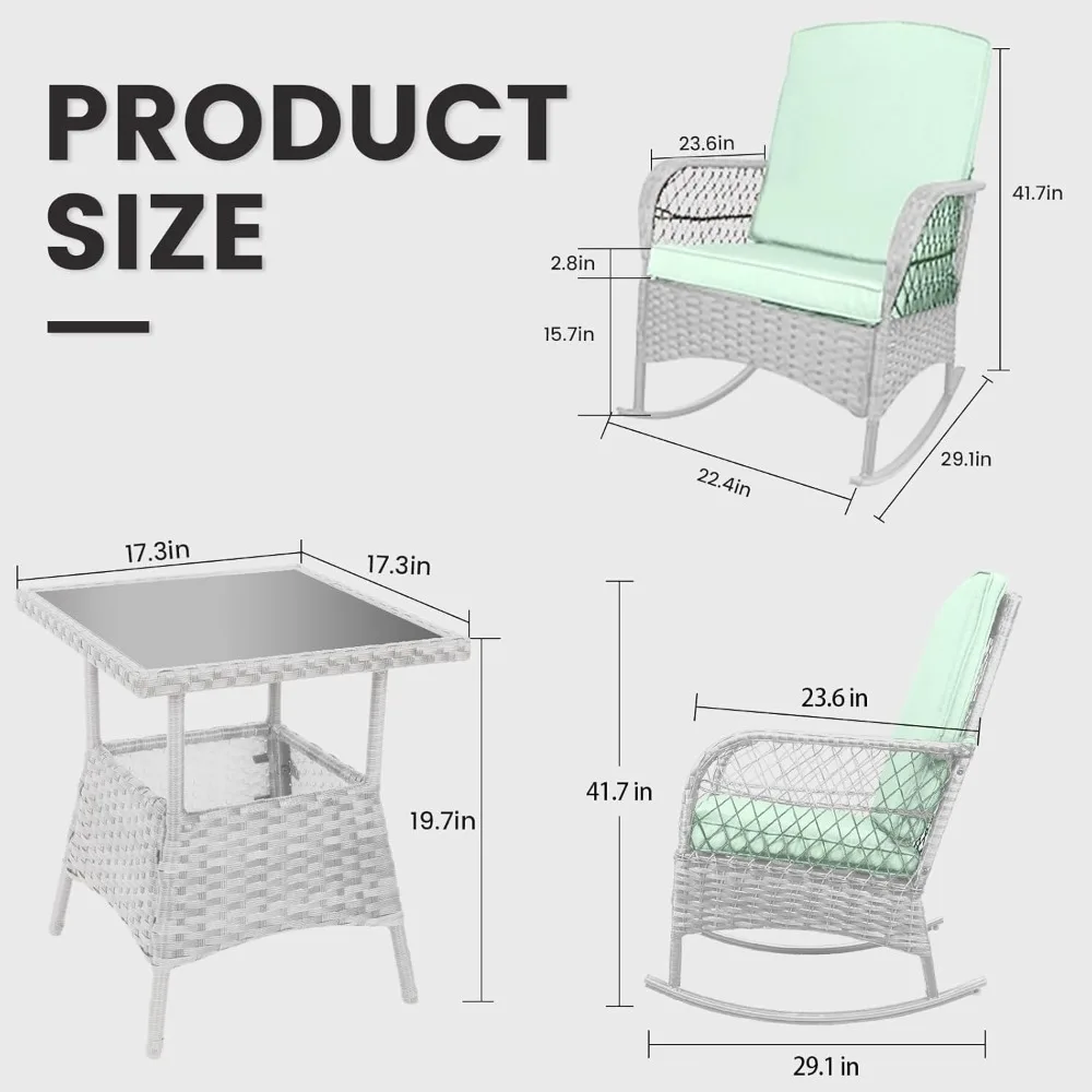 3 قطعة مجموعة بيسترو هزاز كراسي المحادثة PE الخوص كراسي هزازة في الهواء الطلق وطاولة زجاجية ، لحديقة الحديقة في الفناء الخلفي