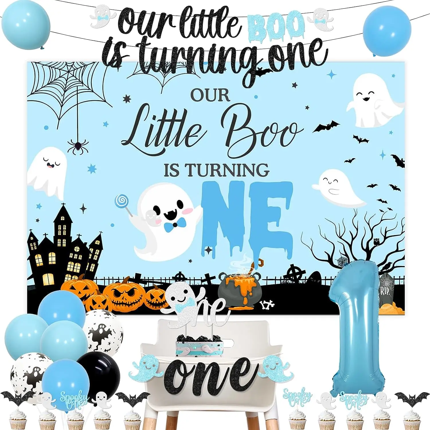 

The Spooky One High Chair Banner, Ghost Cake Toppers, Boy Blue Little Boo Backdrop, 1st Birthday Party Decorations, 1 Year