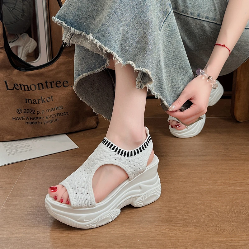 Women Platform Wedge Sandals Knit Mesh Open Toe Breathable Hollow Slip on Sandals Sole Flexible Durable Lightweight Style Shoes