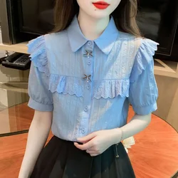 Fashion Lapel Solid Color Spliced Bow Lace Ruffles Shirts Women Clothing 2024 Summer New Loose Casual Tops Sweet Blouses