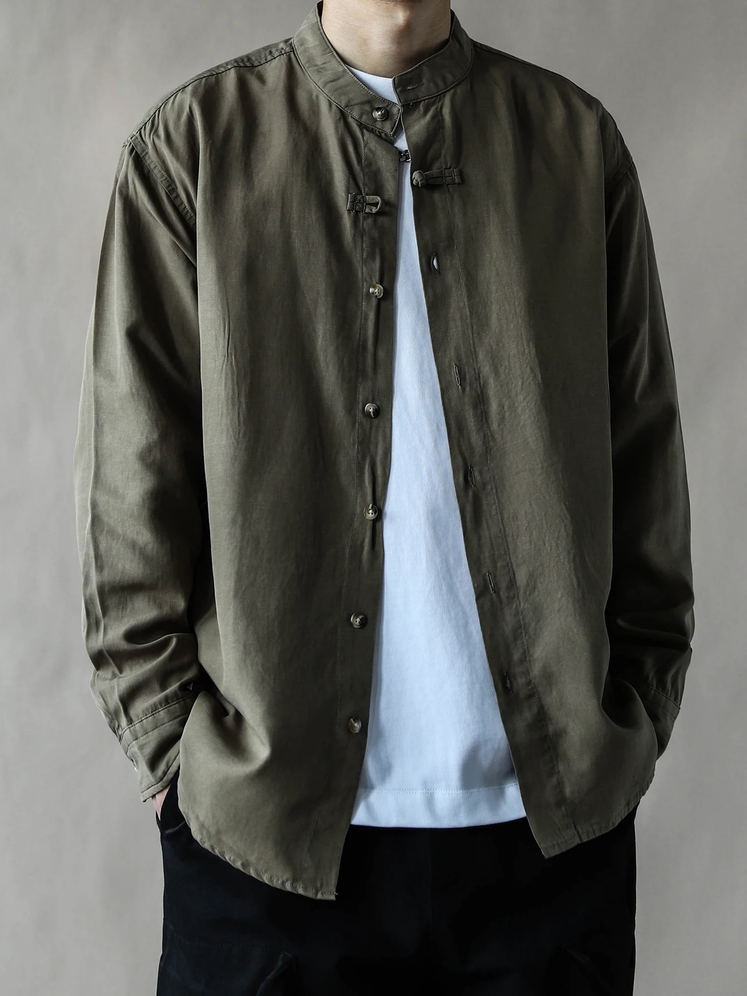 

Casual Long Sve Cotton irt Men's Loose Workwear Coffee Color Simple Spring Autumn Sle 2026 Faion Stand Collar irt