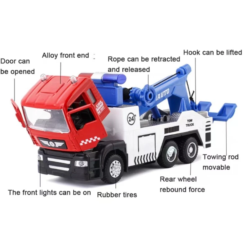 1/50 Scale Road Rescue Trailer Alloy Toy Model Trucks Metal Diecast Truck With Sound And Light Collection Toys For Children Gift