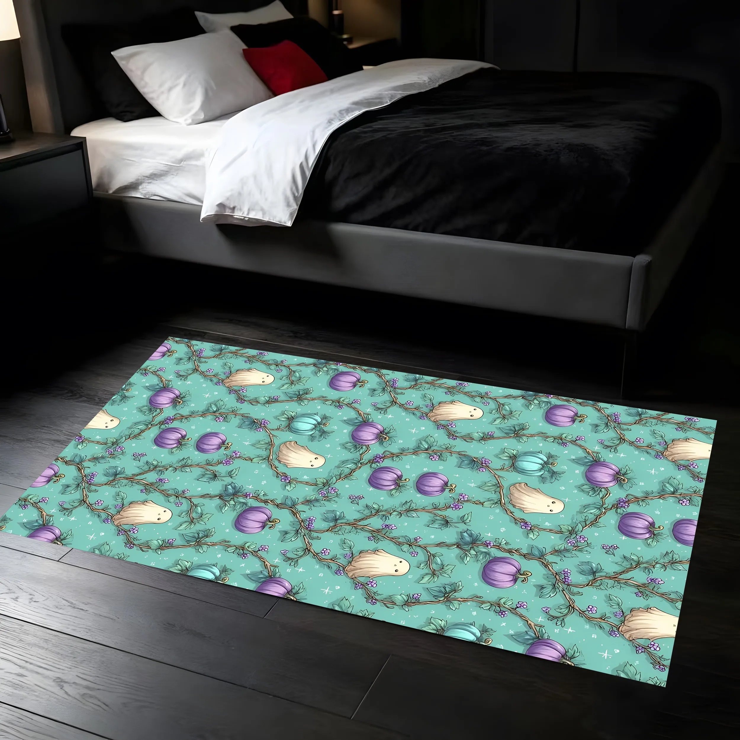 2D Large Area Rug with a Lake Green Background Featuring Cute Little Ghosts, Macaron |   Colored Pumpkins, a Floral Print With...