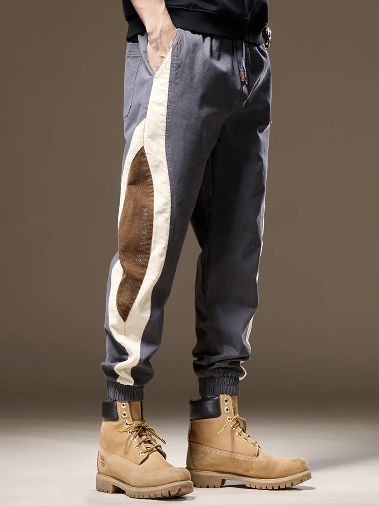 

Повседневные мужские рабочие брюки в стиле Харадзюку, свободного кроя, весенне-осенние, с цветными вставками, на шнурке, с эластичным поясом, длинные штаны