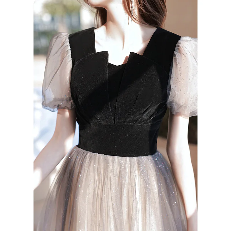 Temperament French Short Sleeve Evening Dress Women Prom Party Dress for Banquet Ball Gown