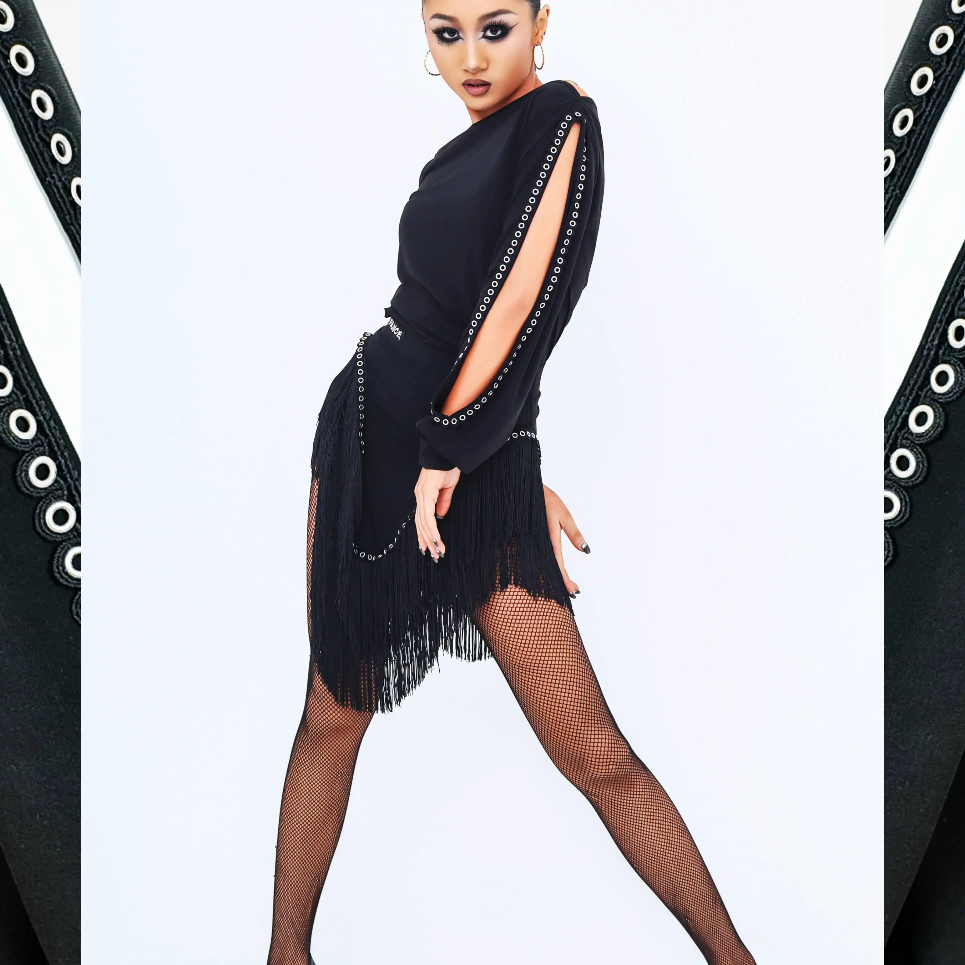 디자인 센스 라틴 댄스 의상 성인 여성 블랙 탑 프린지 스커트 룸바 삼바 연습복 대회 드레스 SS1004