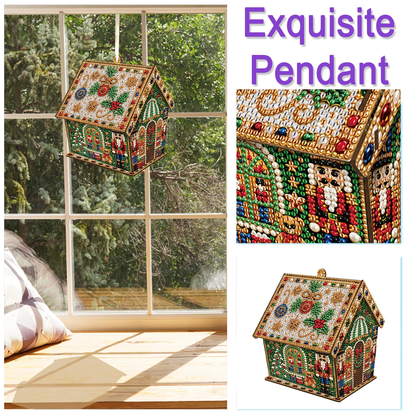 Gem Mosaic Wooden House Kit DIY Christmas Hanging Wall Art Holiday Craft Decor Gift with Resin Gems And Tools Set view 6