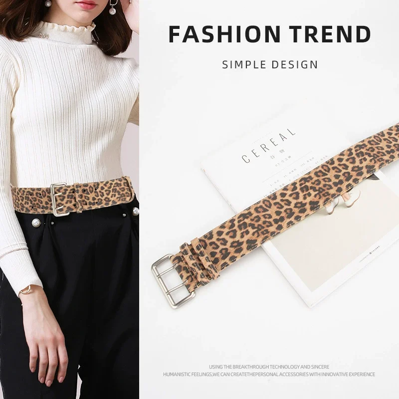Women's Vintage Faux Suede Genuine Leather Leopard Corset Female Cummerbund Coat Waistband Dress Decration Wide Belt  J1136