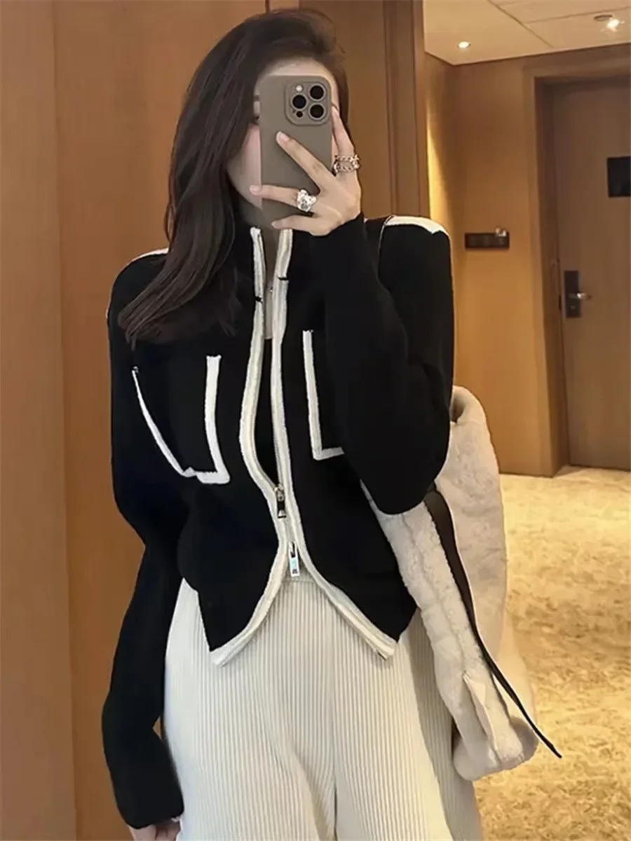 Elegant Knit Cardigan Women Chic Zipper Long Sleeve Stand Neck Female Sweater 2023 Autumn Korean Soft Panelled Slim Lady Coat