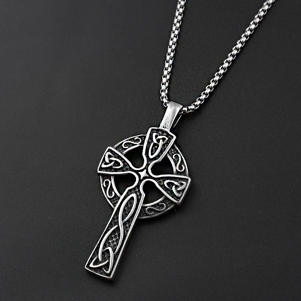 Retro Celtic Knot Irish Cross Pendant Necklace for Women Men Stainless Steel Silver Color Lucky Amulet Chain Necklaces Jewelry