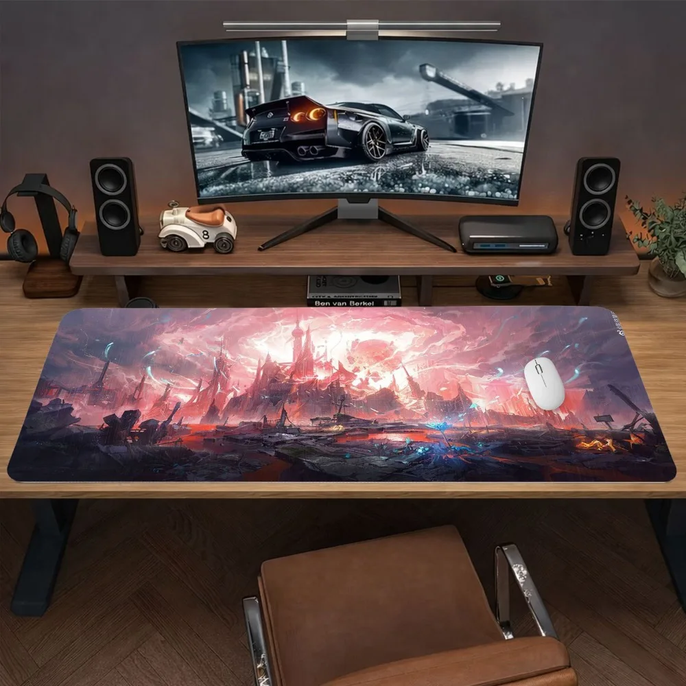 Organiseurs et plateaux de bureau au design tendance, thème ruines de ville cyberpunk science-fiction, accessoires de bureau, tapis de souris