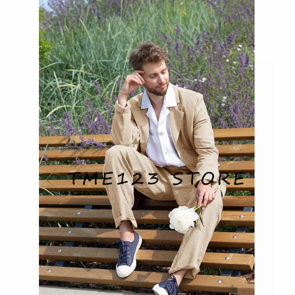 Men's Slub Cotton Solid Color Single Breasted Suit Boyfriend Suit for Wedding Man Luxury Clothing Mens Formal Wear Pant Sets