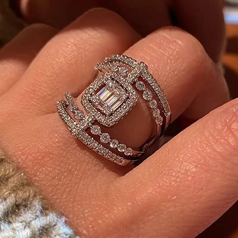 Huitan Ring mit einzigartigem geometrischem Design für Damen, Party, Mode, eingelegter funkelnder CZ, luxuriöses Zubehör, Verlobung, zarter Schmuck