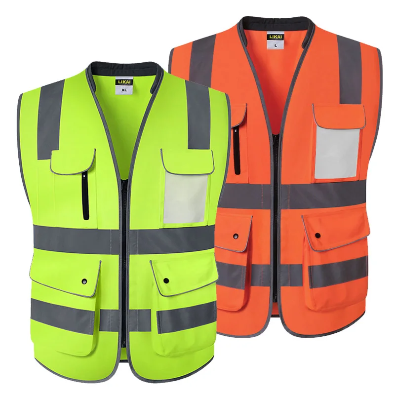 

Safety Vest with Many Pockets Zipper and Padded Neck High Visibility Reflective Vest ANSI/ISEA Class 2