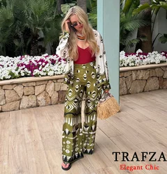 TRAFZA Casual Print Set Women's New 2024 Spring Autumn Fasion Vacation Party Pant Set Lapel Buttons Shirt with Dropped Pant