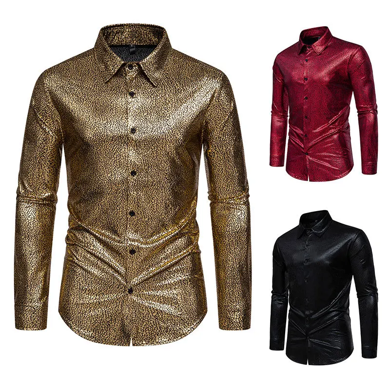 Spring Men's Stone Flower Gilded Long Sleeved Shirt for Foreign Trade, Men's Stage Wear, Banquet Fashion, Men's Shirt