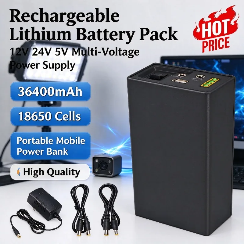 12V 24V 5V Rechargeable Lithium Battery Pack 18650 36400mAh Portable Mobile Power Supply Auxiliary Power Bank