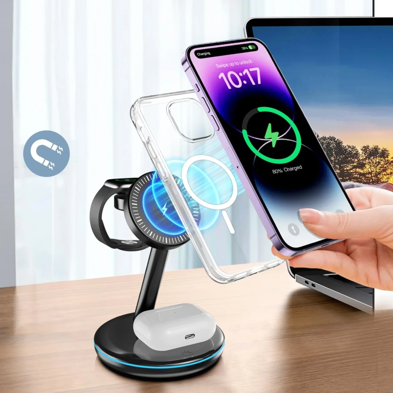 2025 ใหม่ 3 ใน 1 Wireless Charger ขาตั้งแม่เหล็กสําหรับ iPhone Fast CHARGING Station สําหรับ Apple Watch 9 8 7 6 5 Airpods 2 3 Pro