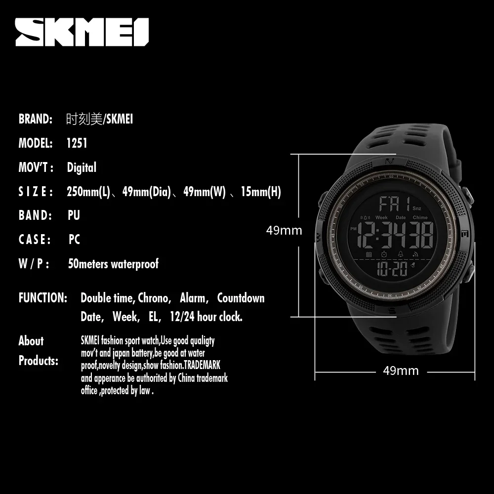 SKMEI Waterproof Digital Mens Watches Sports Countdown Electronic Wristwatches For Men Military Clock 1560 Reloj Masculino 1251