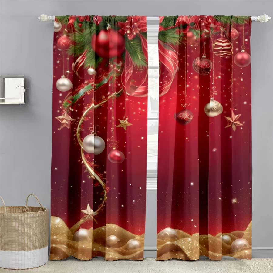 2PCS Christmas Digital Print Curtains, Red Gold Xmas Ornaments Baubles, Festive for Living Room Bedroom Window Decor