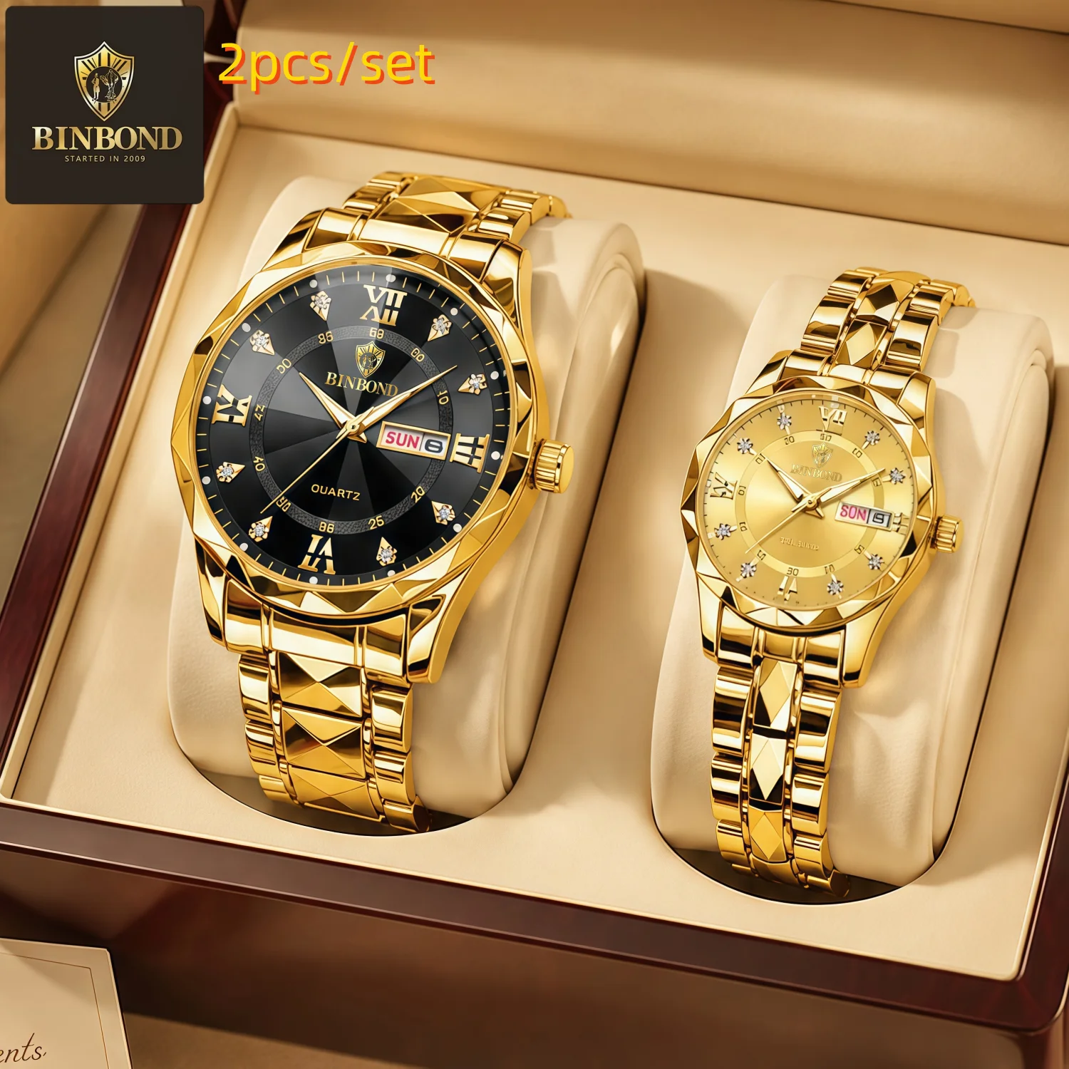 

BINBOND 2Pcs/set Fashion Couple Quartz Watch Waterproof Date Stainless Steel Watch Strap Leisure Men Women Watch Birthday Gift