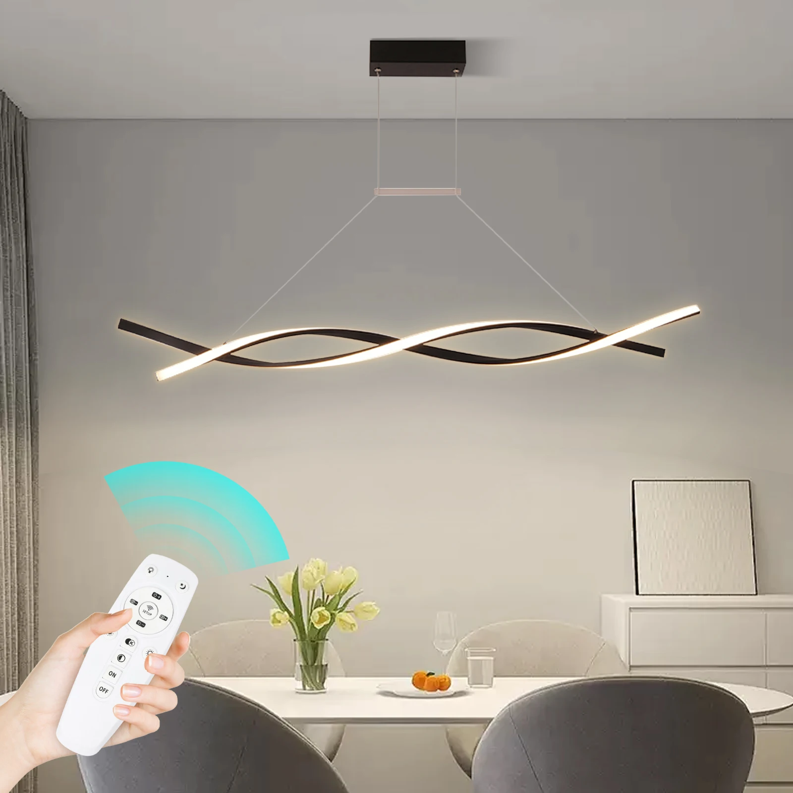 

47 inch Modern LED Pendant Lighting, Wave Shape Ceiling Lamp Stepless Dimming Decorative Chandelier with Remote Control 46W Room