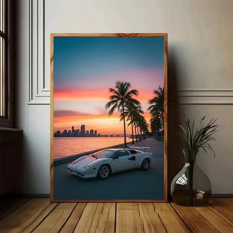 No Framed Printing Picture Miami Luxury Sport Black Cars At Sunset Beach Palm Tree Poster Canvas Painting Print For Living Room