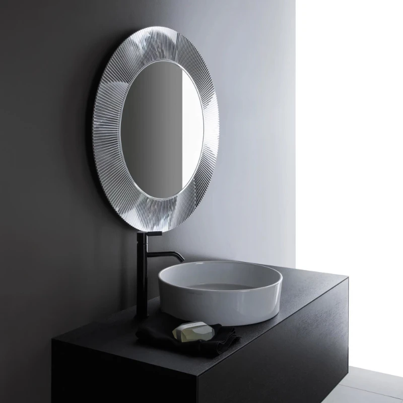 

French round wall hanging bathroom mirror creative art washstand makeup mirror with light pleated design decorative mirror