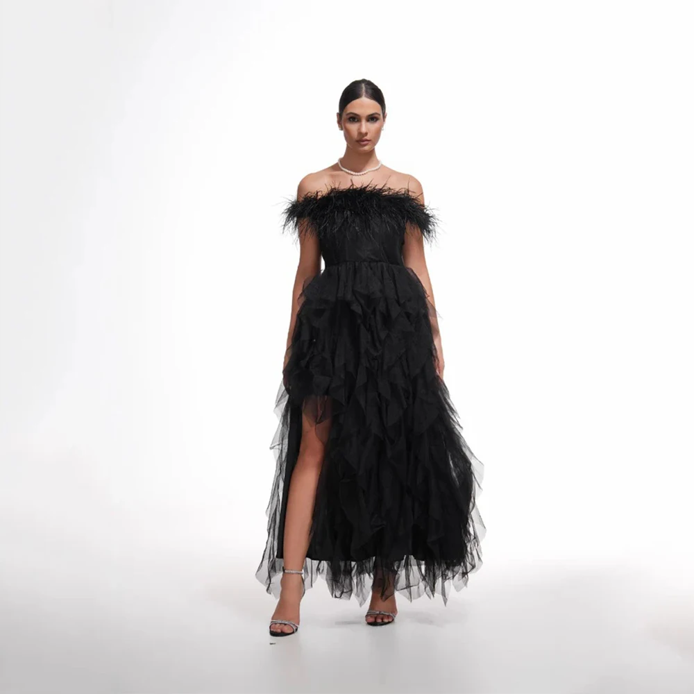 

Dream Black Elegant Evening Dress Tulle for Ankle-Length Off the Shoulder Prom Dress Feathers Vestidos De Fiesta Customized