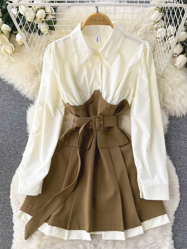 Spring Autumn Niche Design Contrast Color Long-sleeved Dress Women\'s French Waist Shirt Dress Women Vestidos D1733