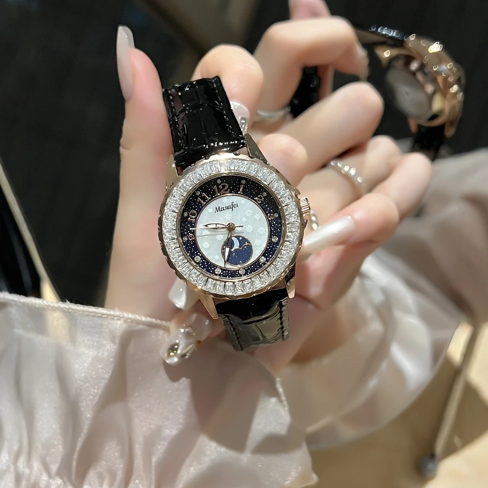 Women's Quartz Watch Night Sky Star Watches Creative Diamond-Inlaid Dial Leather Band Luminous Wristwatch Gift To Lady Clock