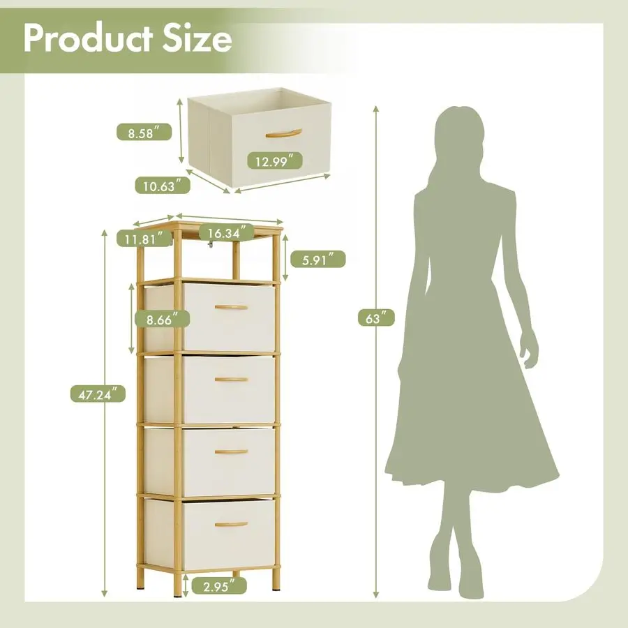 丈夫な竹製の背の高いドレッサー、狭いスペースの収納に最適な細長いドレッサー、4つの大きな防水生地の引き出し、小さなドレッサー、寝室用