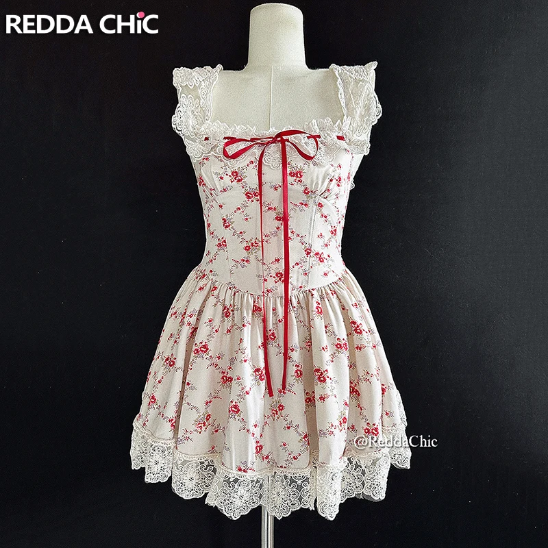 ReddaChic Romantic Floral Mini Tank Dress Women Square Neck Stitch Lace Bandage Sleeveless Ruffle Puffy Dress Coquette Clothes