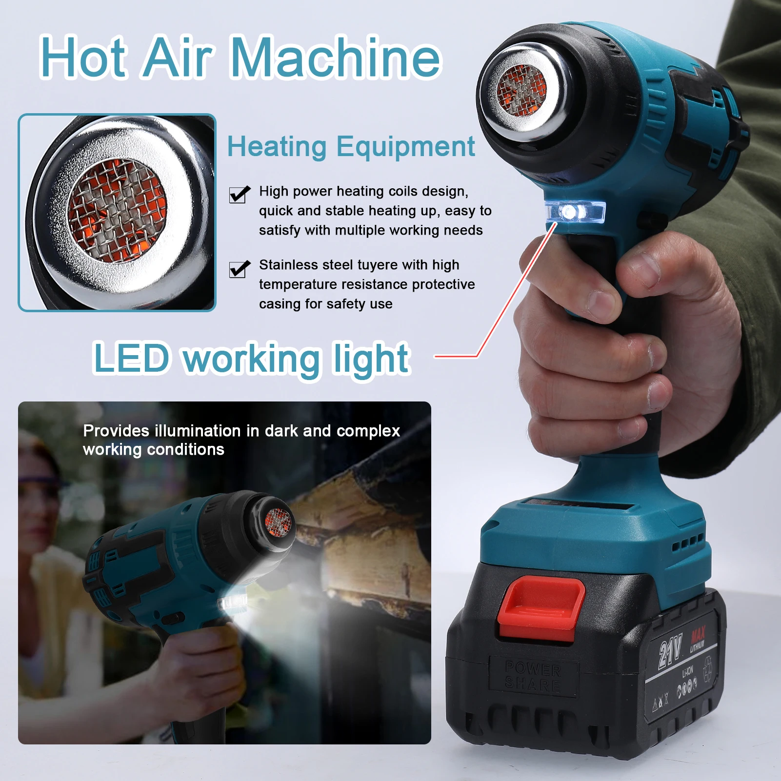 Cordless Hot Air Heating Machine Lithium Rechargeable Handheld Heat Gun with 3 PVC Nozzles Tube Heating Equipment Power Tool