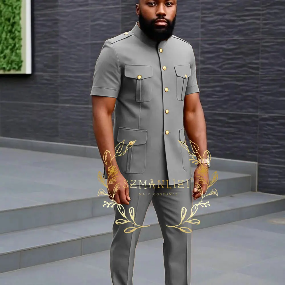 High Quality Men's Suits Short Sleeve Single Breasted Stand Lapel Slim Fit 2 Piece Jacket Pants Outfits Costume Homme Terno