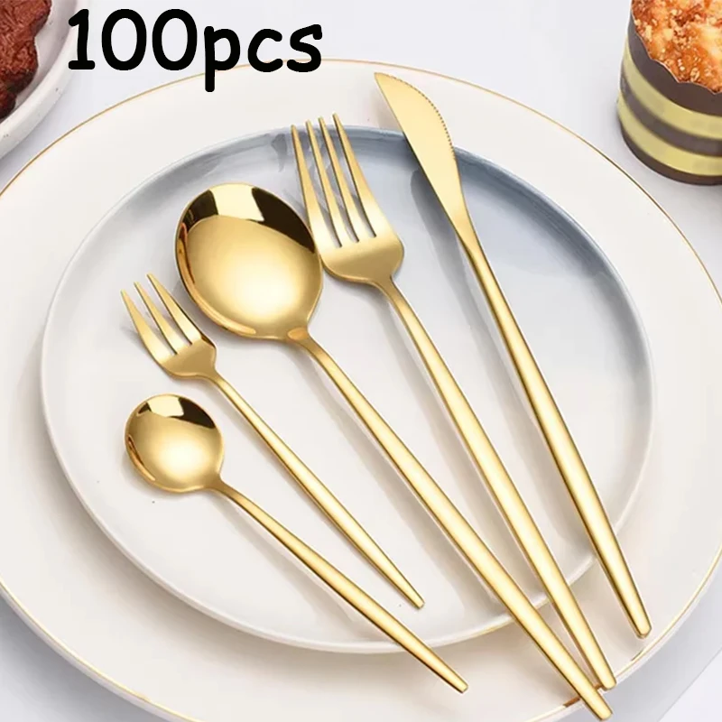 

Набор столовых приборов из нержавеющей стали (100 предметов), португальский стиль, роскошное золотое покрытие, для отелей, для западной кухни, ножи, вилки, ложки, вилки для десертов и кофе