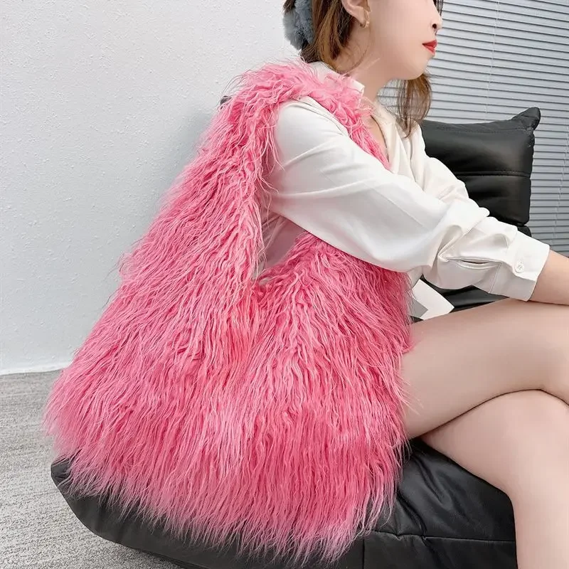 

Winter Soft Faux Fur Bags Large Fluffy Plush Shoulder Bag Long Lambswool Women Designer Handbags Luxury Warm Shopper Purses Tote