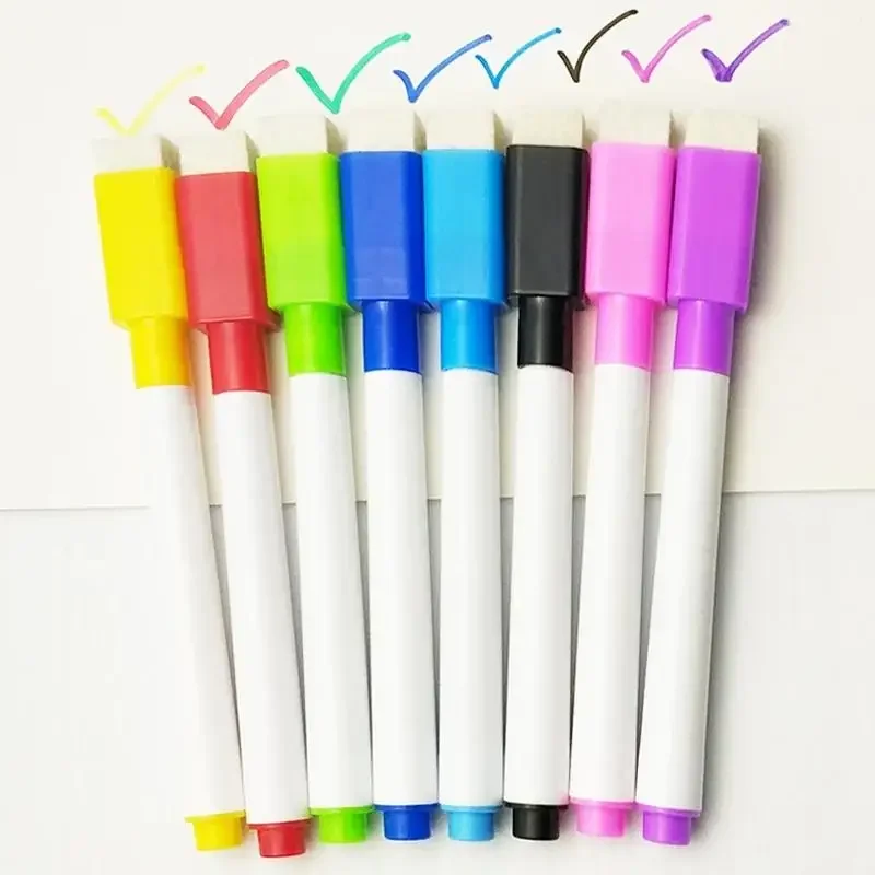 8 Pcs/lot Colorful Black School Classroom Whiteboard Pen Dry White Board Markers Built in Eraser Student Children's Drawing