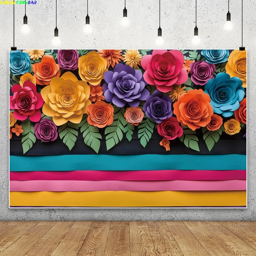Mexico Fiesta Photography Backdrop May 5th Cinco De Mayo Colorful Stripe Paper Flowers Kids Festival Party Portrait Background