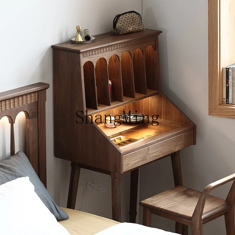 

FG retro dresser bedroom bedside dressing table black walnut small apartment dressing table