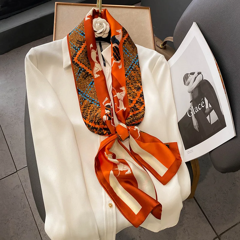 

2024 Spring Thin Retro Stitching Horse Chain Printed Silk Satin Long Scarf Fashion Dress Scarves Belt Women AttireTie 14X145CM