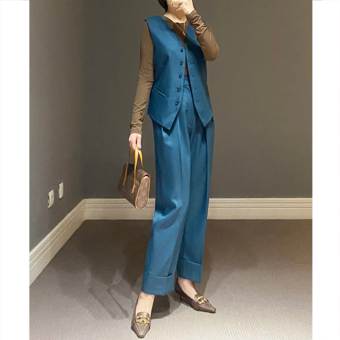 

Комплект Annmon: жилет и брюки из премиальной шерстяной смеси, модные базовые элементы, выделяющиеся шерстяные костюмные жилет и брюки.