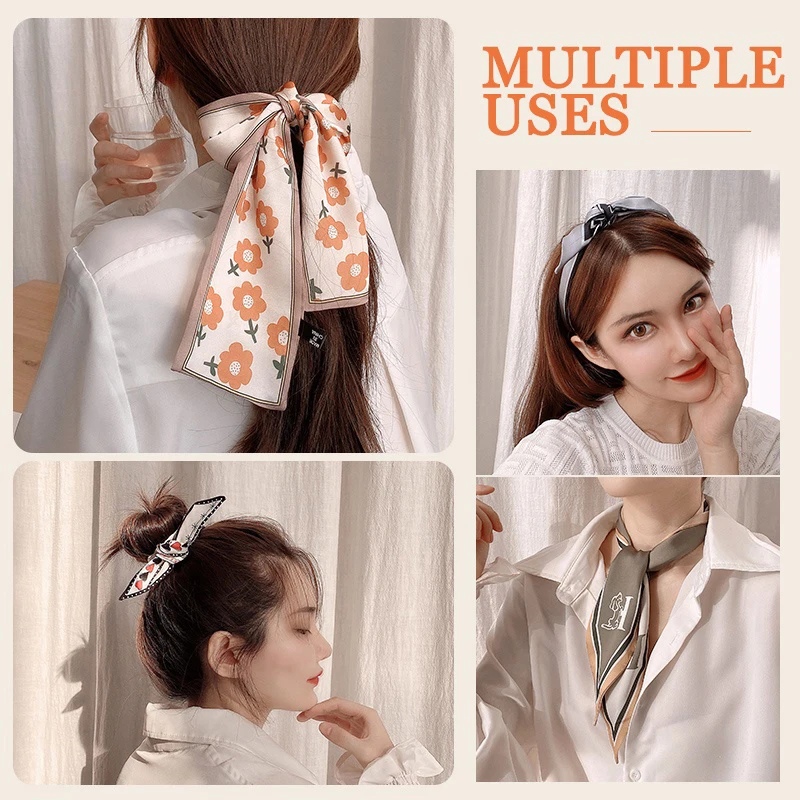 New Fashion Silk Scarf Hair Band Long Ribbon Bow Korean Printing Letter Hair Scarf Women Ponytail Holder Hair Accessories