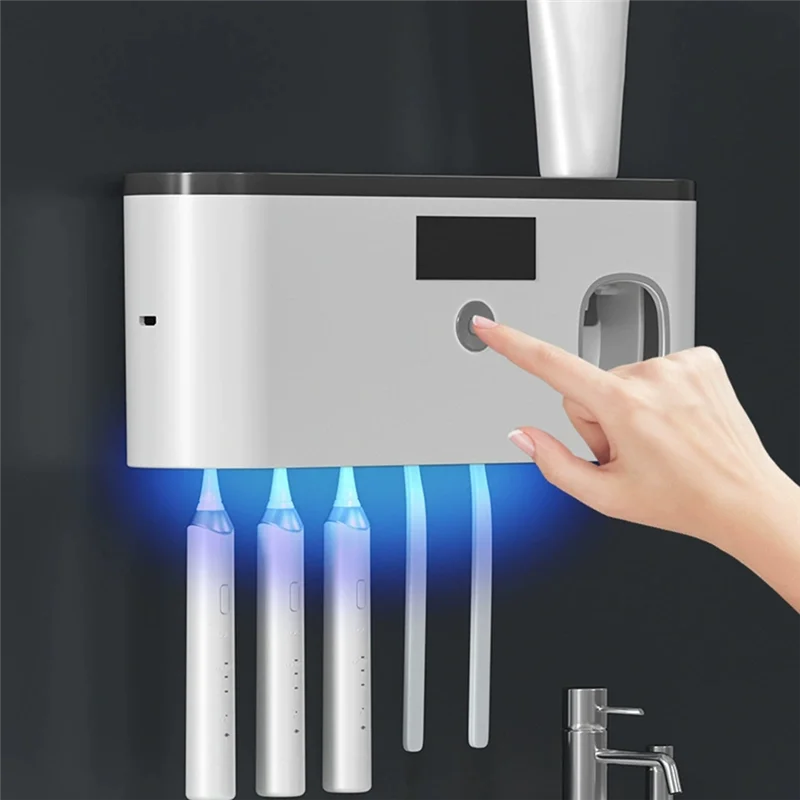 【SHOP JOURNEY】Wall-Mounted USB Rechargeable Toothbrush Disinfect Holder Automatic Toothpaste Dispenser Storage Box Rack