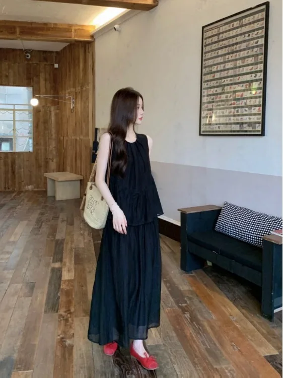 Pure Color round Neck Sleeveless Dress Women's Stylish Cold Sensation Two-Piece Look Commute Friendly A-Line Skirt