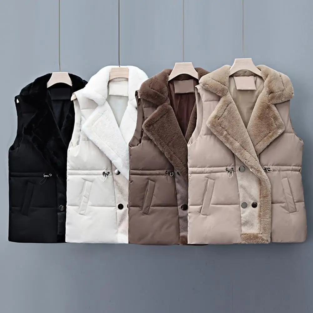 Winter Cotton Fur Integrated Down Vest Womens Puffer Vest Stand Collar Button Down Padded Jacket with Drawstring Waistcoat