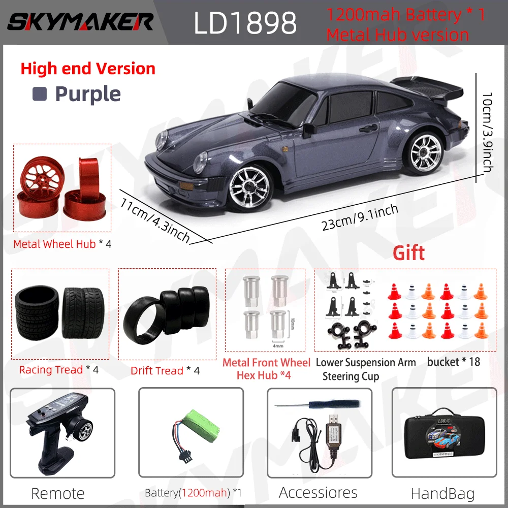 Skymaker LDRC 1/18 RC Drift Auto LD1898 911 Modus 2,4 GHz met Gyroscoop on-Road Legering Body Shell Racewagen voor Kinderen Geschenken