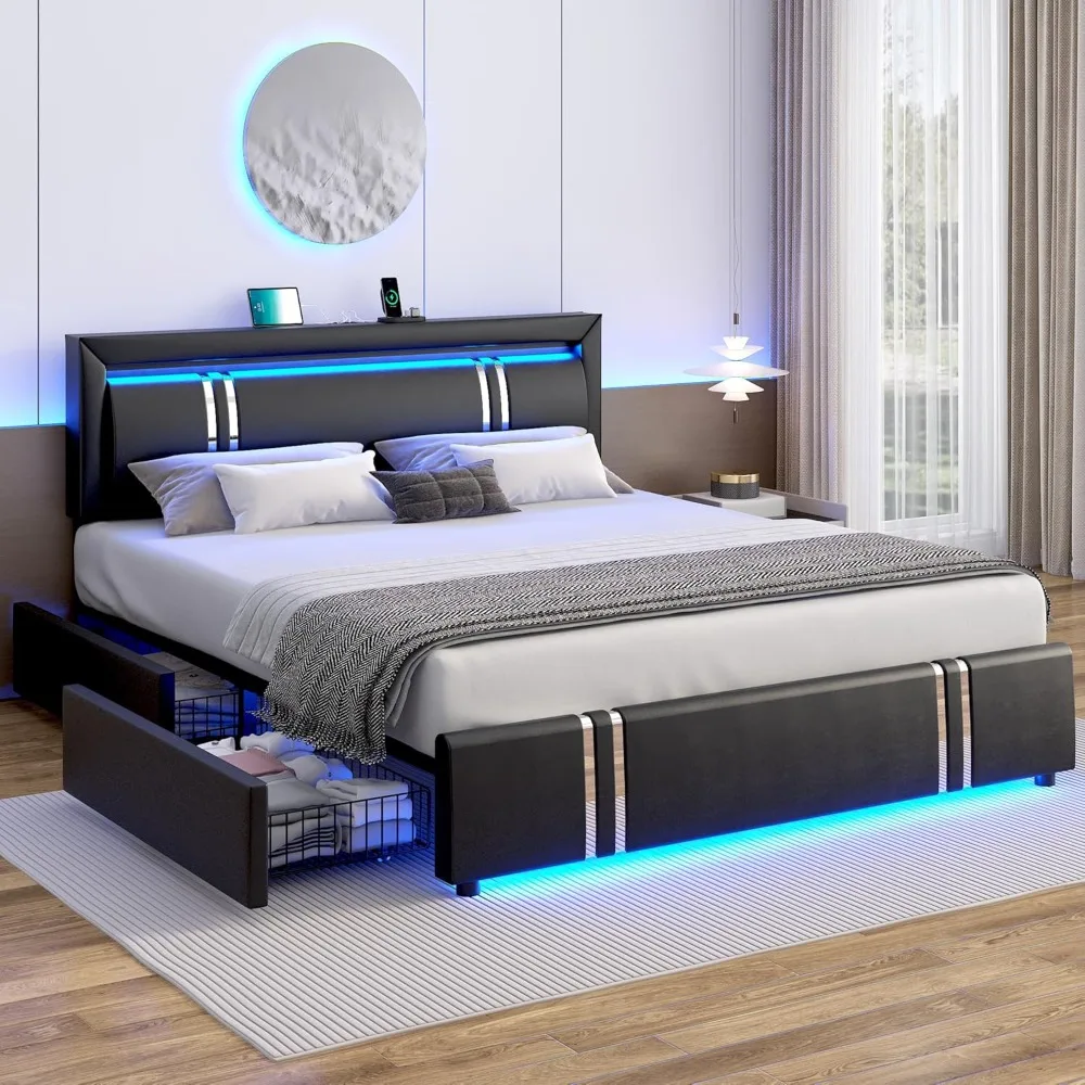 

Bed Frame with Adjustable LED Lights Headboard, 4 Drawers and USB-C Charging Ports, Faux Leather Upholstered Platform Bed